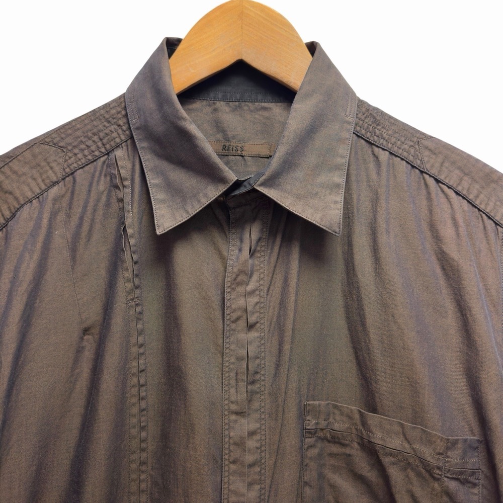 Reiss Men's Size Large Brown Cotton Sateen Long Sleeve Button Front Pocket Shirt
